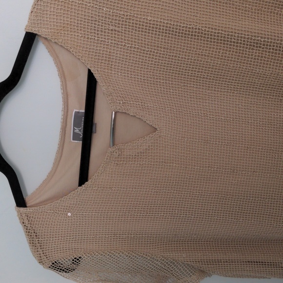 JM Collection XL Tan Lined Top with Netting Overlay, Silver Keyhole, and Sequins - Picture 2 of 6